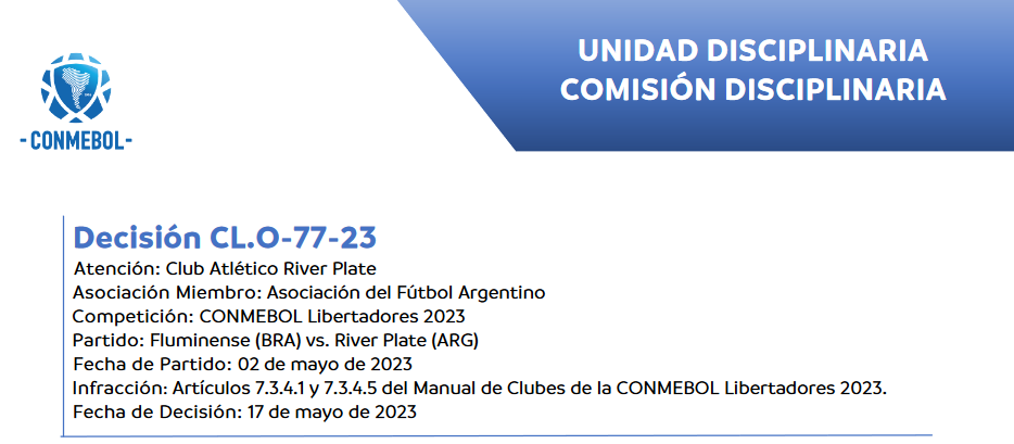 Multa Y Advertencia Al Club Atl Tico River Plate Conmebol