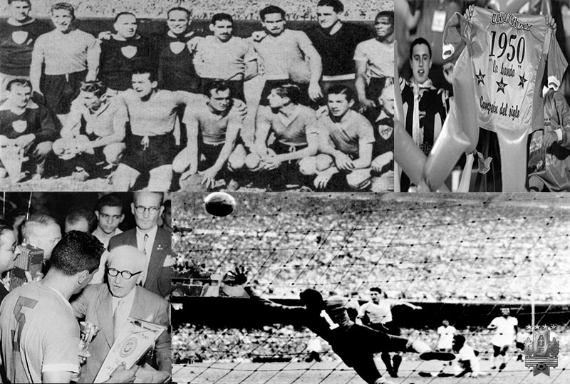 Brasil 1950. Uruguai estremece os cimentos do Maracanã e derrota o  anfitrião 2-1. Jules Rimet, faz entrega da copa que leva seu nome ao  capitão charrúa, Obdulio Varela.‏ - CONMEBOL