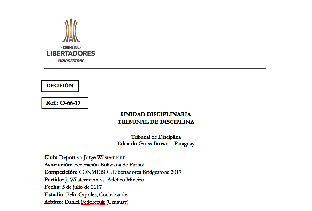 Tribunal De Disciplina De Conmebol Impone Una Multa Al Club Jorge Wilstermann Conmebol 8050