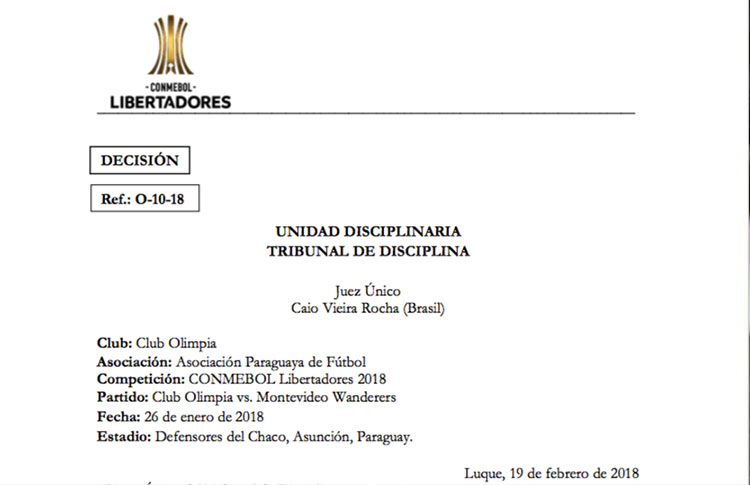 Tribunal De Disciplina De La Conmebol Impone Una Multa Y Advertencia Al Olimpia Conmebol 9791