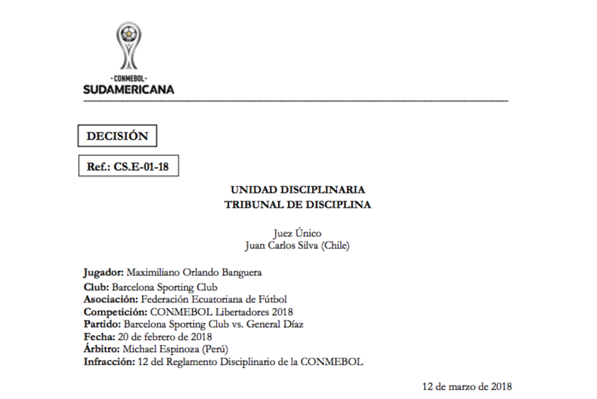 Tribunal De Disciplina Impone Suspensión Y Multa A Maximiliano Banguera Conmebol 1634