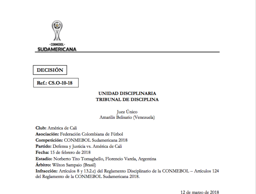 Tribunal De Disciplina Impone Multa Y Advertencia Al América De Cali Conmebol 8768