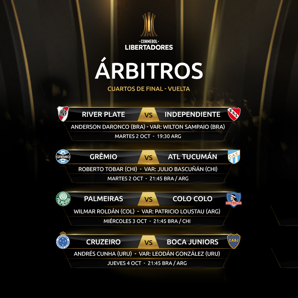 Lista de árbitros para os jogos de volta das Quartas de Final - CONMEBOL