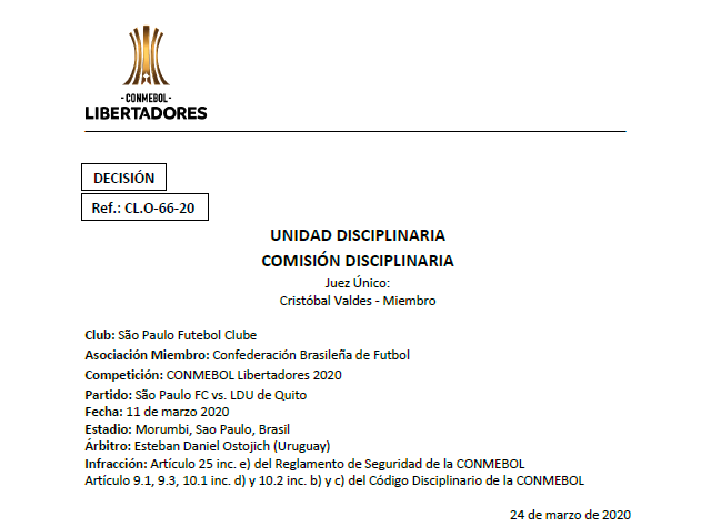 Multa e advertência para o São Paulo Futebol Clube - CONMEBOL