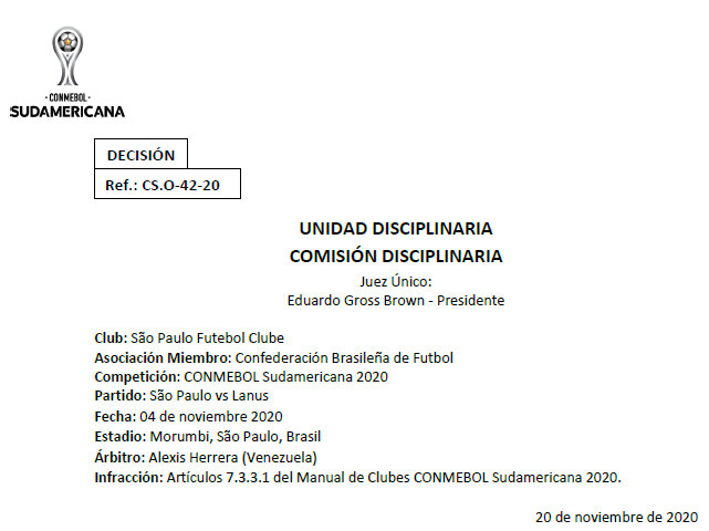 Advertência ao São Paulo Futebol Clube - CONMEBOL