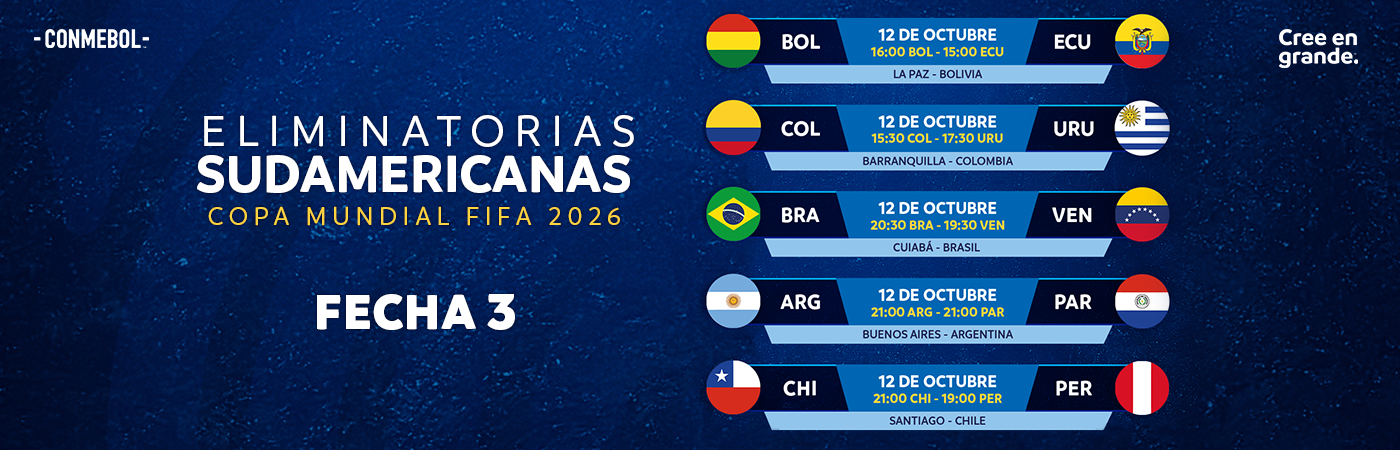 CONMEBOL.com on X: ¡Partidos y horarios de la Fecha 1⃣ de las  #EliminatoriasSudamericanas rumbo a la Copa Mundial de la FIFA 26™! ​🗓️  Jogos e horários da primeira rodada das Eliminatórias rumo