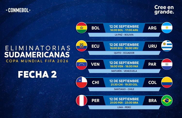 CONMEBOL.com on X: ¡Partidos y horarios de la Fecha 2⃣ de las  #EliminatoriasSudamericanas rumbo a la Copa Mundial de la FIFA 26™! ​🗓️  Jogos e horários da segunda rodada das Eliminatórias rumo