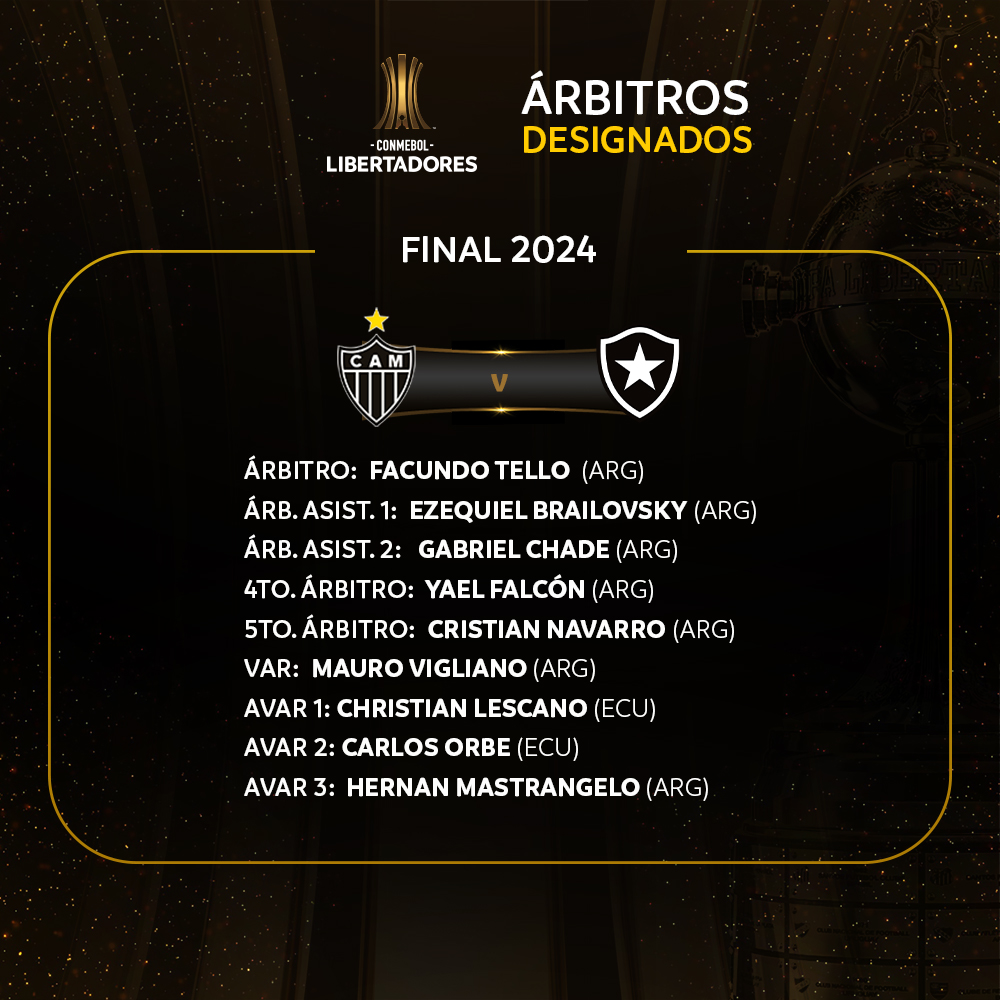 La Comisión de Árbitros de la CONMEBOL dio a conocer la designación para la Final de la CONMEBOL Libertadores 2024, que se disputará el sábado 30 de noviembre, en Buenos Aires – Argentina, entre los clubes Atlético Mineiro y Botafogo.